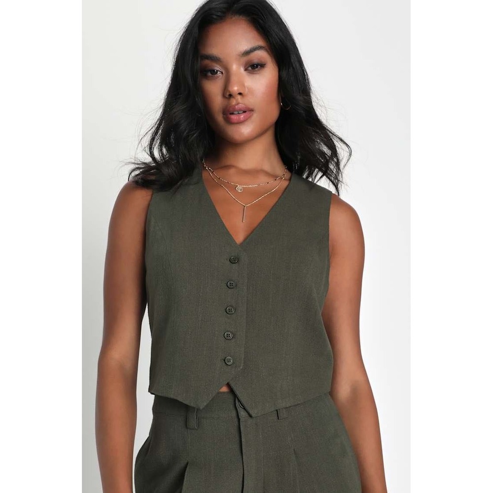 Lulus Olive Green Linen Blend Button Up Vest Top XL Sleeveless V-Neck NWT